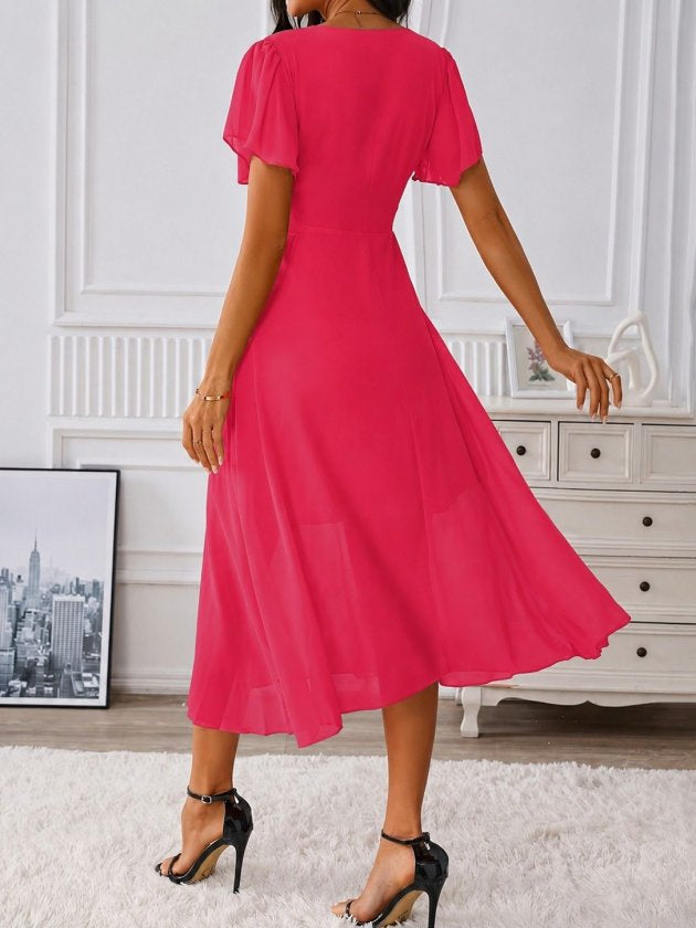 Rochie midi din șifon cu mânecă scurtă, guler V, căptușită, 36589
