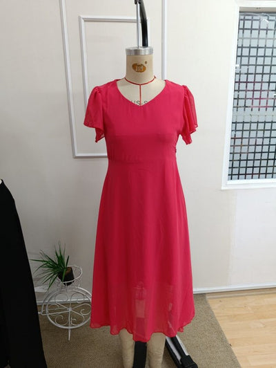 Rochie midi din șifon cu mânecă scurtă, guler V, căptușită, 36589
