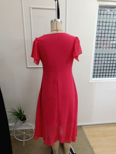 Rochie midi din șifon cu mânecă scurtă, guler V, căptușită, 36589
