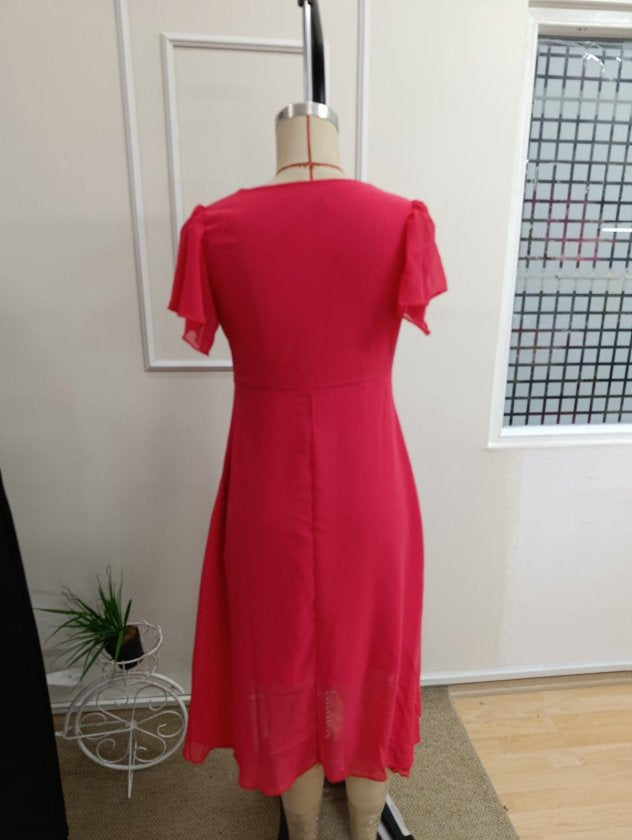 Rochie midi din șifon cu mânecă scurtă, guler V, căptușită, 36589