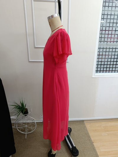 Rochie midi din șifon cu mânecă scurtă, guler V, căptușită, 36589