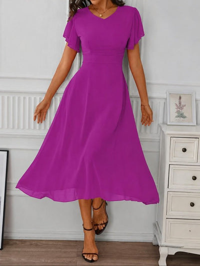 Rochie midi din șifon cu mânecă scurtă, guler V, căptușită, 36590