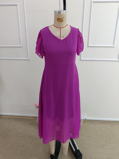 Rochie midi din șifon cu mânecă scurtă, guler V, căptușită, 36590