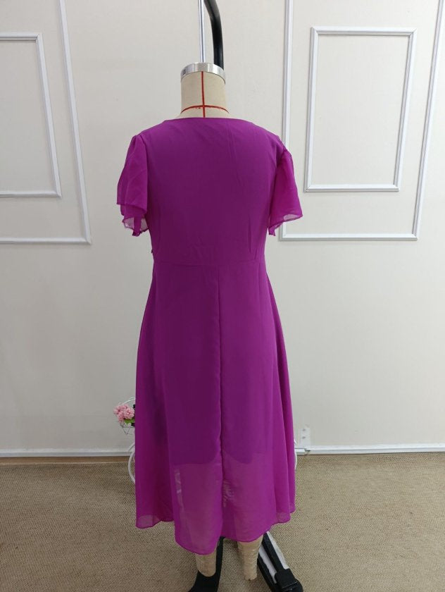Rochie midi din șifon cu mânecă scurtă, guler V, căptușită, 36590