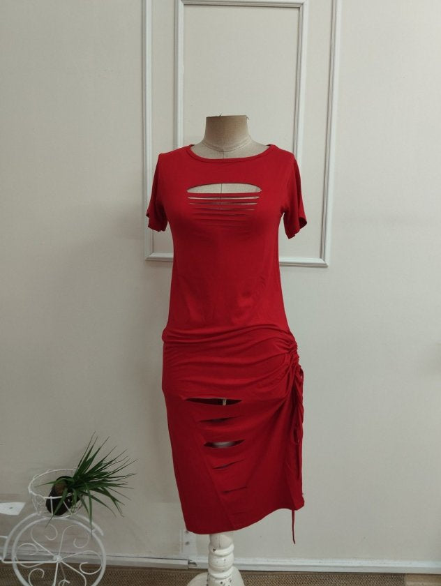 Rochie midi din viscon cu mânecă scurtă, tăieturi laser la piept și picioare cu drapaje profunde și detalii decupate, 36601