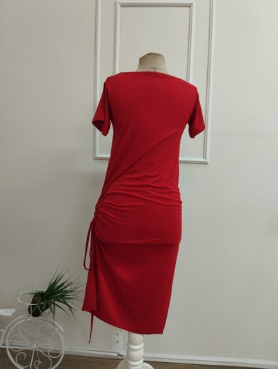 Rochie midi din viscon cu mânecă scurtă, tăieturi laser la piept și picioare cu drapaje profunde și detalii decupate, 36601