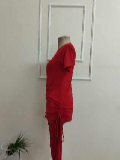 Rochie midi din viscon cu mânecă scurtă, tăieturi laser la piept și picioare cu drapaje profunde și detalii decupate, 36601