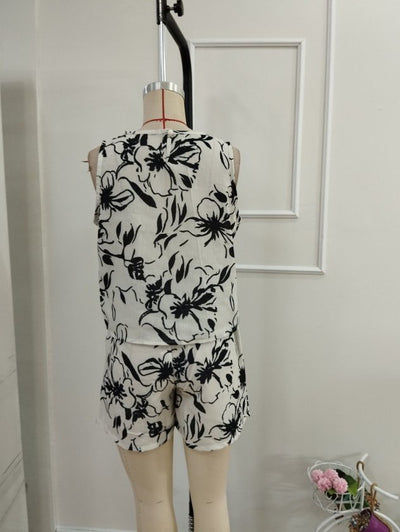 Set Deux Pièces Femme: Bluz Sans Manches Col Rond À Motif Et Short, 36611