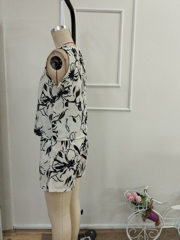Set Deux Pièces Femme: Bluz Sans Manches Col Rond À Motif Et Short, 36611