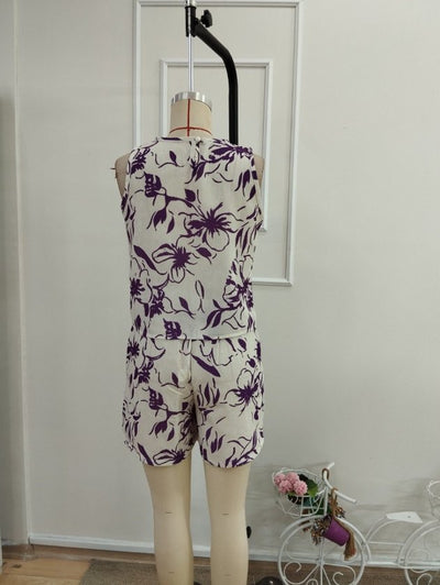 Set Două Piese, Bluză Fără Mâneci, Cu Decolteu Rotund, Imprimată, Și Pantaloni Scurți, 36613