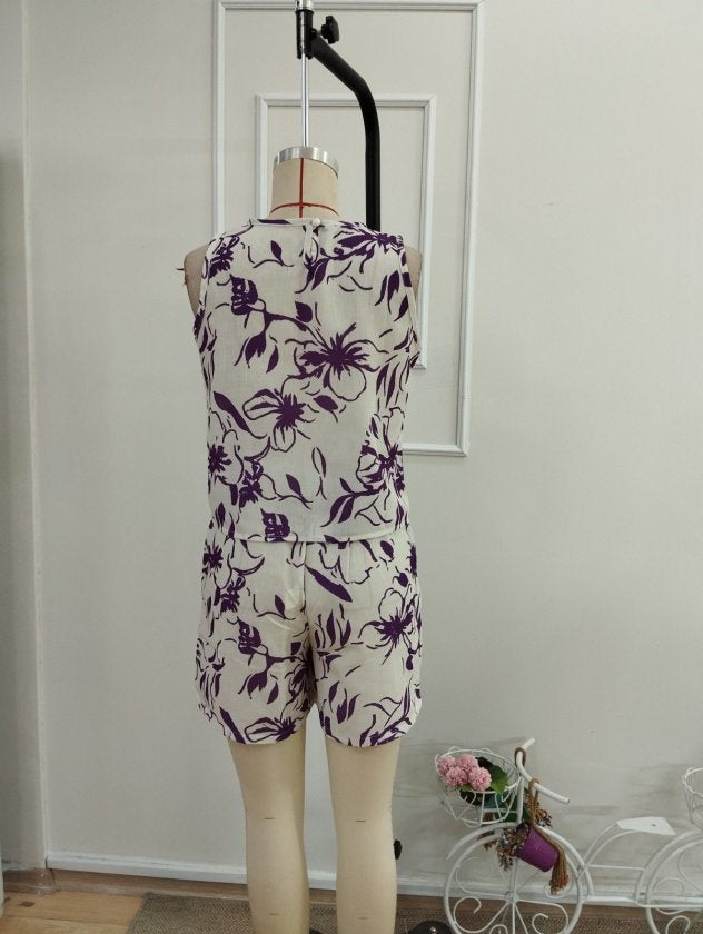Set Două Piese, Bluză Fără Mâneci, Cu Decolteu Rotund, Imprimată, Și Pantaloni Scurți, 36613