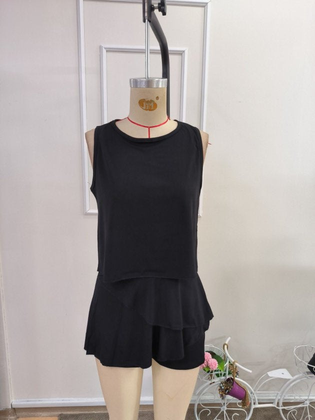 Set Două Piese, Femei, Bluză Fără Mâneci pe Gât Tip Ciclism și Fustă-Pantaloni, Sandy, 36619