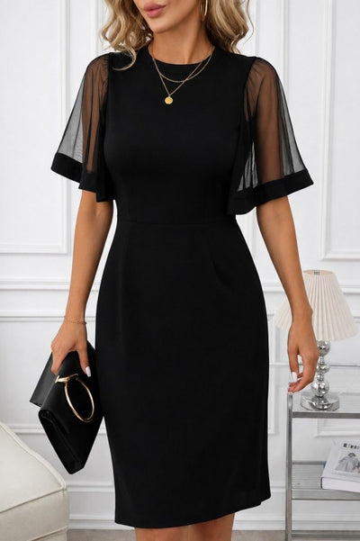 Rochie midi din crep importat cu mânecă scurtă, guler rotund, 36625