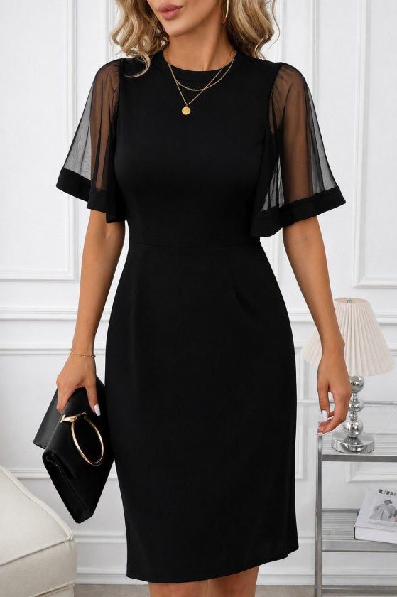 Rochie midi din crep importat cu mânecă scurtă, guler rotund, 36625