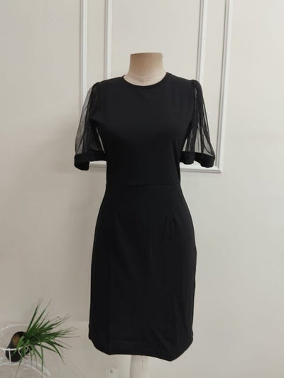 Rochie midi din crep importat cu mânecă scurtă, guler rotund, 36625