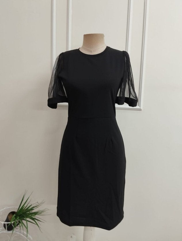 Rochie midi din crep importat cu mânecă scurtă, guler rotund, 36625