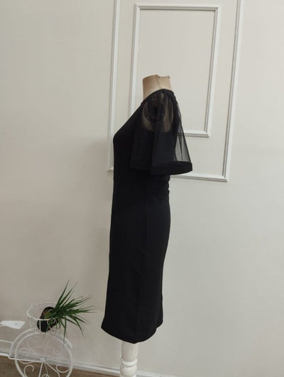 Rochie midi din crep importat cu mânecă scurtă, guler rotund, 36625