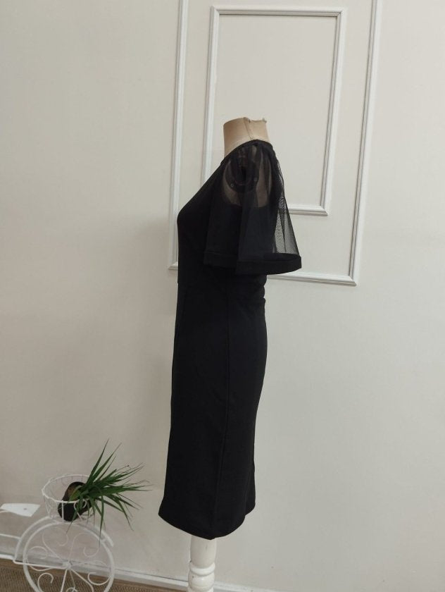 Rochie midi din crep importat cu mânecă scurtă, guler rotund, 36625