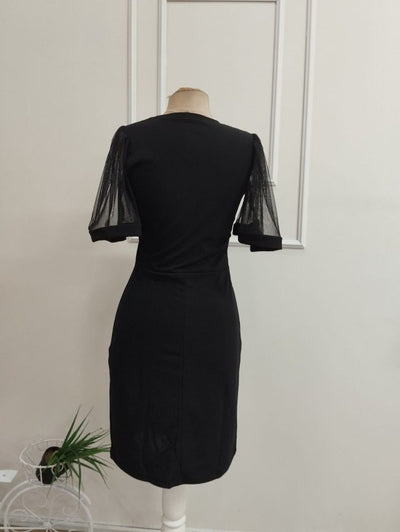 Rochie midi din crep importat cu mânecă scurtă, guler rotund, 36625