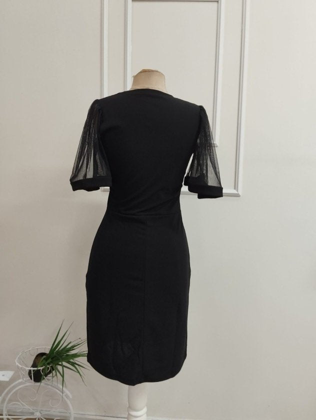 Rochie midi din crep importat cu mânecă scurtă, guler rotund, 36625