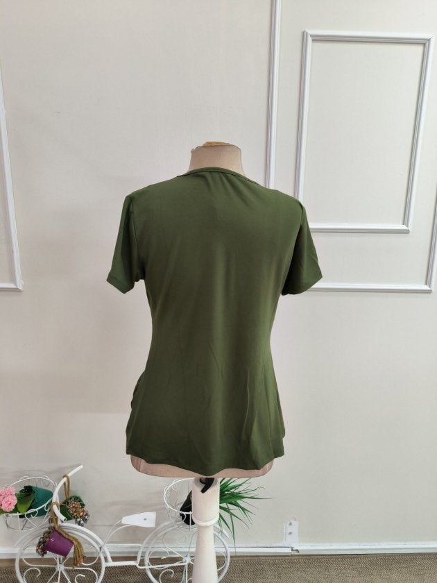 Bluza din viscon cu mânecă scurtă, guler rotund, croial asimetric cu detalii, 36637