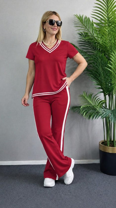 Compleu din viscon cu mânecă scurtă, guler V, bluza și pantalon două piese, 36671