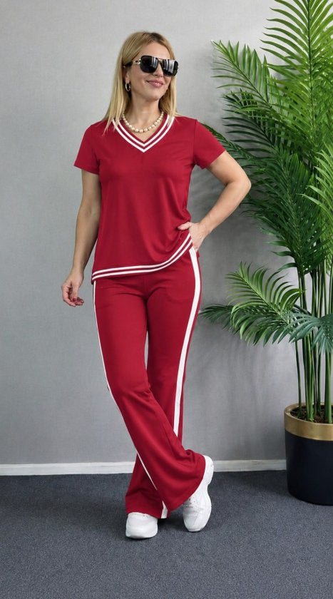 Compleu din viscon cu mânecă scurtă, guler V, bluza și pantalon două piese, 36671
