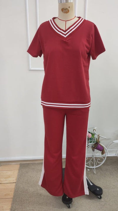 Compleu din viscon cu mânecă scurtă, guler V, bluza și pantalon două piese, 36671