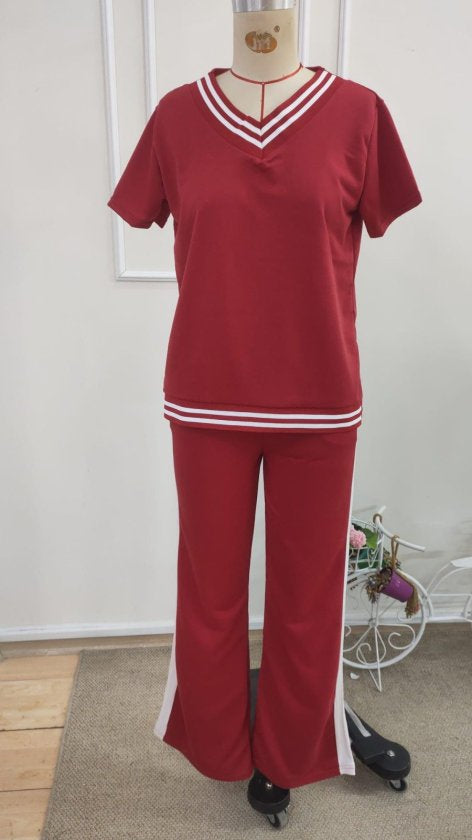 Compleu din viscon cu mânecă scurtă, guler V, bluza și pantalon două piese, 36671