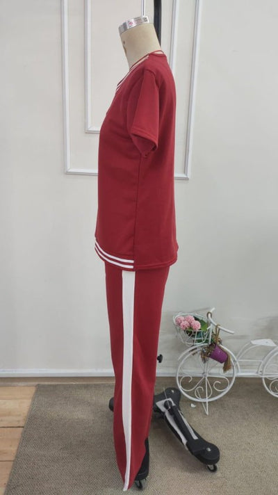 Compleu din viscon cu mânecă scurtă, guler V, bluza și pantalon două piese, 36671