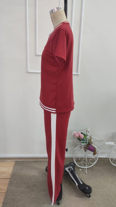 Compleu din viscon cu mânecă scurtă, guler V, bluza și pantalon două piese, 36671