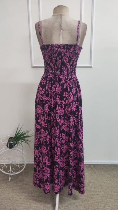 Rochie lungă de damă, cu bretele subțiri, volane la bust și imprimeu, model 36678