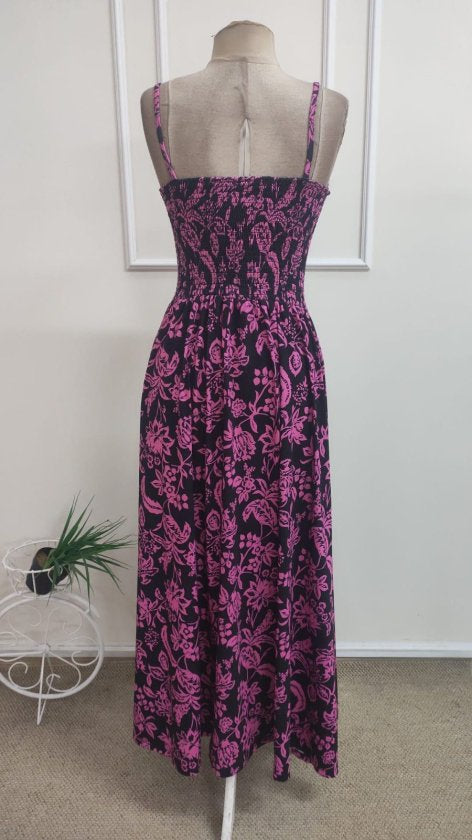 Rochie lungă de damă, cu bretele subțiri, volane la bust și imprimeu, model 36678