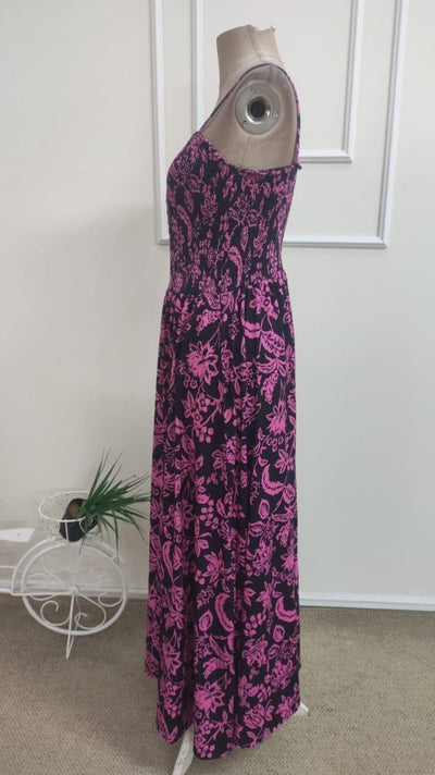 Rochie lungă de damă, cu bretele subțiri, volane la bust și imprimeu, model 36678