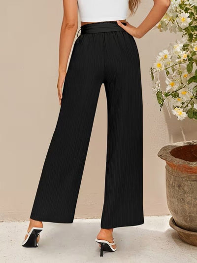 Pantalon din crinkăl cu talie înaltă, cu elastic și șnur, croial larg cu detalii, 36681