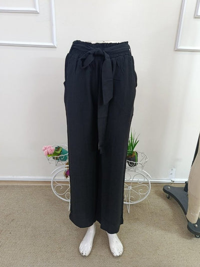 Pantalon din crinkăl cu talie înaltă, cu elastic și șnur, croial larg cu detalii, 36681