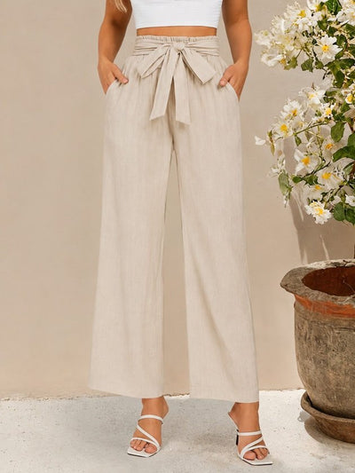 Pantalon din crinkăl cu talie înaltă, cu elastic și șnur, croial larg cu detalii, 36682
