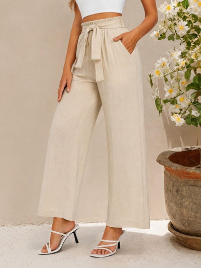 Pantalon din crinkăl cu talie înaltă, cu elastic și șnur, croial larg cu detalii, 36682