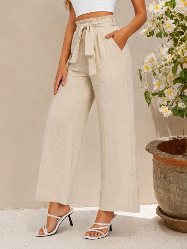 Pantalon din crinkăl cu talie înaltă, cu elastic și șnur, croial larg cu detalii, 36682