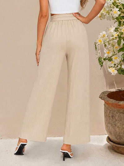 Pantalon din crinkăl cu talie înaltă, cu elastic și șnur, croial larg cu detalii, 36682