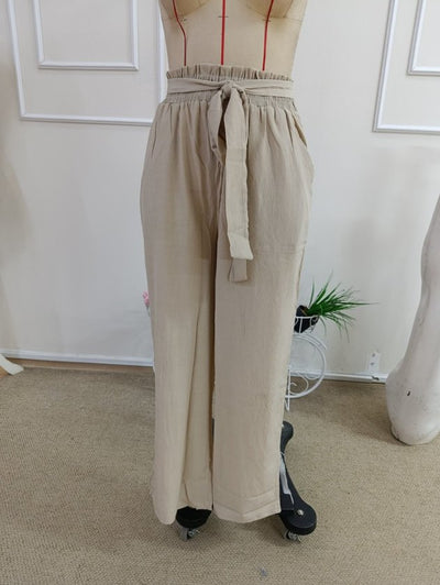 Pantalon din crinkăl cu talie înaltă, cu elastic și șnur, croial larg cu detalii, 36682