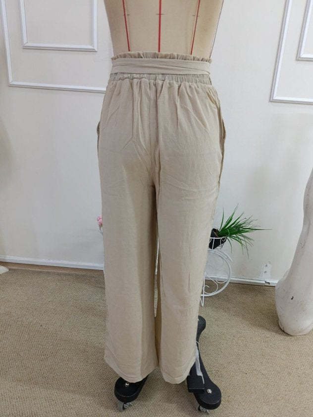 Pantalon din crinkăl cu talie înaltă, cu elastic și șnur, croial larg cu detalii, 36682