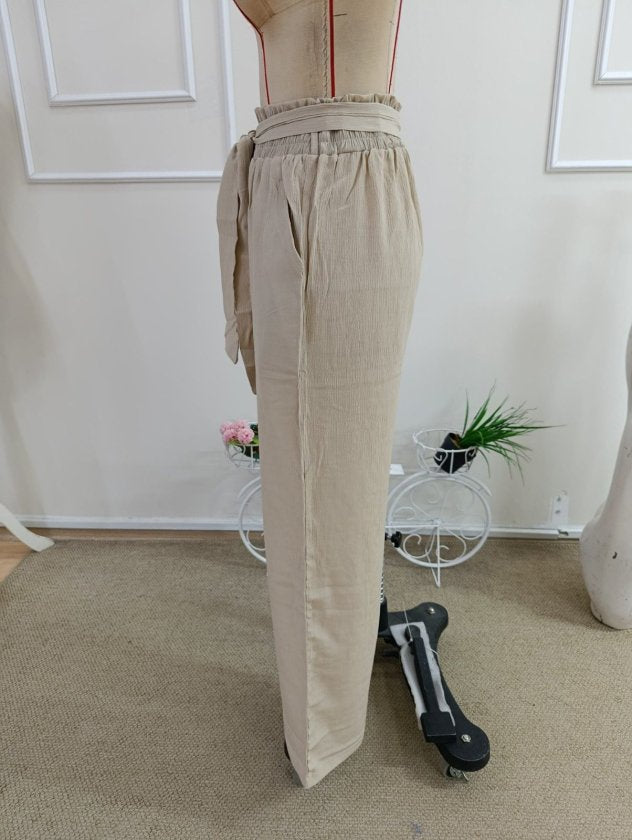 Pantalon din crinkăl cu talie înaltă, cu elastic și șnur, croial larg cu detalii, 36682