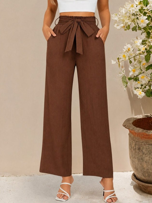 Pantalon din crinkăl cu talie înaltă, cu elastic și șnur, croial larg cu detalii, 36683