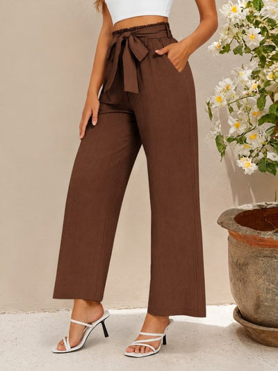 Pantalon din crinkăl cu talie înaltă, cu elastic și șnur, croial larg cu detalii, 36683