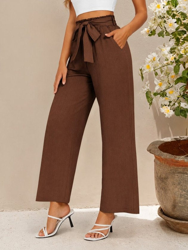 Pantalon din crinkăl cu talie înaltă, cu elastic și șnur, croial larg cu detalii, 36683