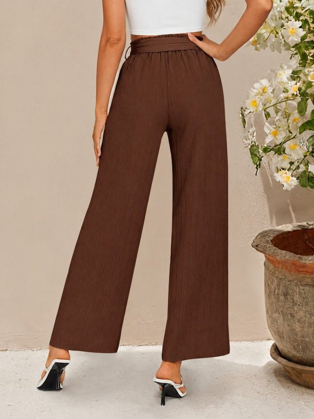 Pantalon din crinkăl cu talie înaltă, cu elastic și șnur, croial larg cu detalii, 36683