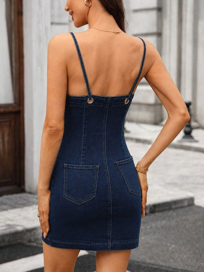 Rochie de blugi scurtă, cu bretele și nasturi în față, pentru femei, 36720