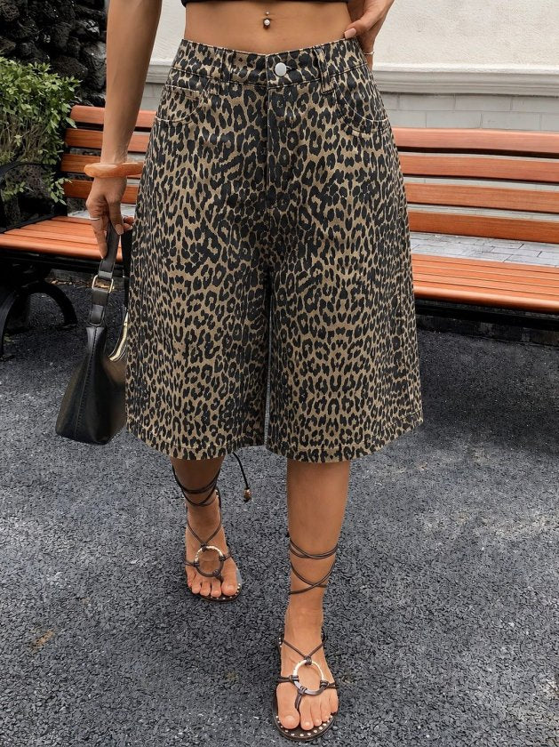 Pantalon Scurt din Denim, Femeie, Talie Înaltă, Model Leopard, 36723