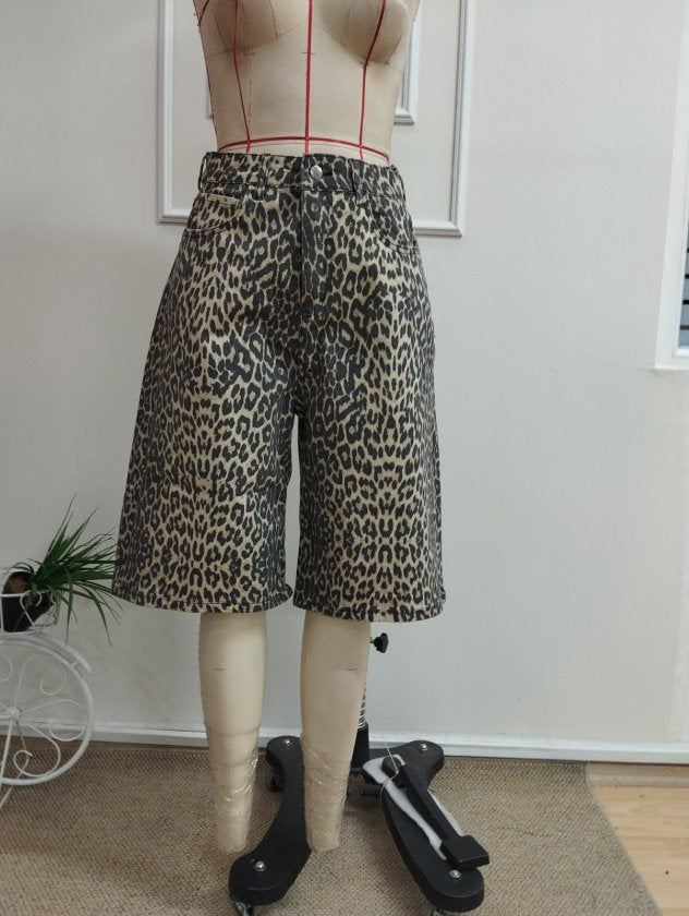 Pantalon Scurt din Denim, Femeie, Talie Înaltă, Model Leopard, 36723